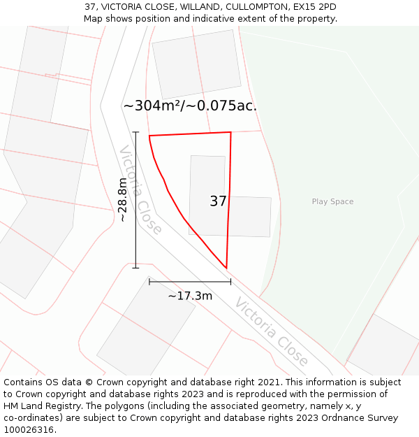 37, VICTORIA CLOSE, WILLAND, CULLOMPTON, EX15 2PD: Plot and title map