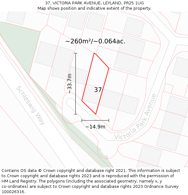 37, VICTORIA PARK AVENUE, LEYLAND, PR25 1UG: Plot and title map