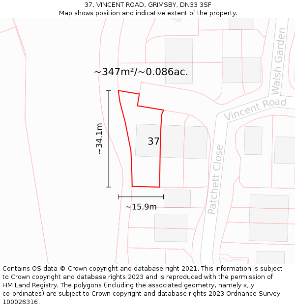 37, VINCENT ROAD, GRIMSBY, DN33 3SF: Plot and title map