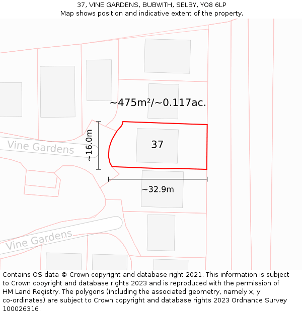 37, VINE GARDENS, BUBWITH, SELBY, YO8 6LP: Plot and title map