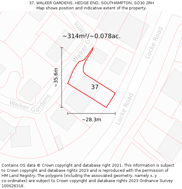 37, WALKER GARDENS, HEDGE END, SOUTHAMPTON, SO30 2RH: Plot and title map