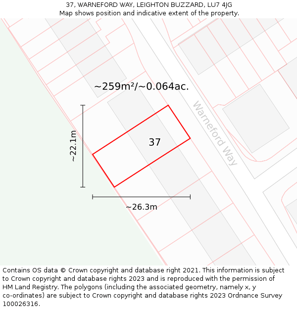 37, WARNEFORD WAY, LEIGHTON BUZZARD, LU7 4JG: Plot and title map