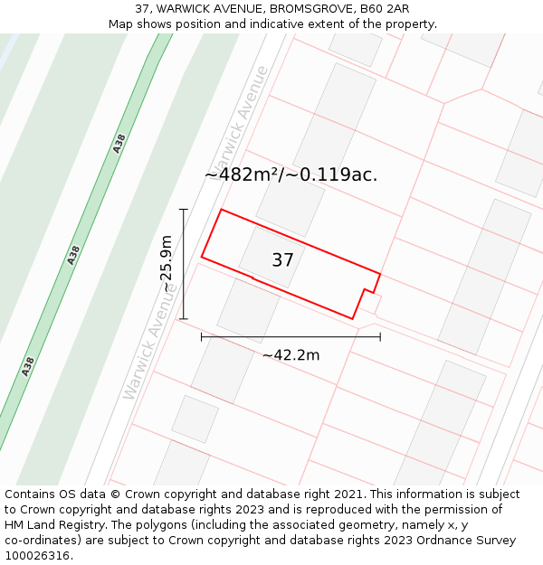 37, WARWICK AVENUE, BROMSGROVE, B60 2AR: Plot and title map