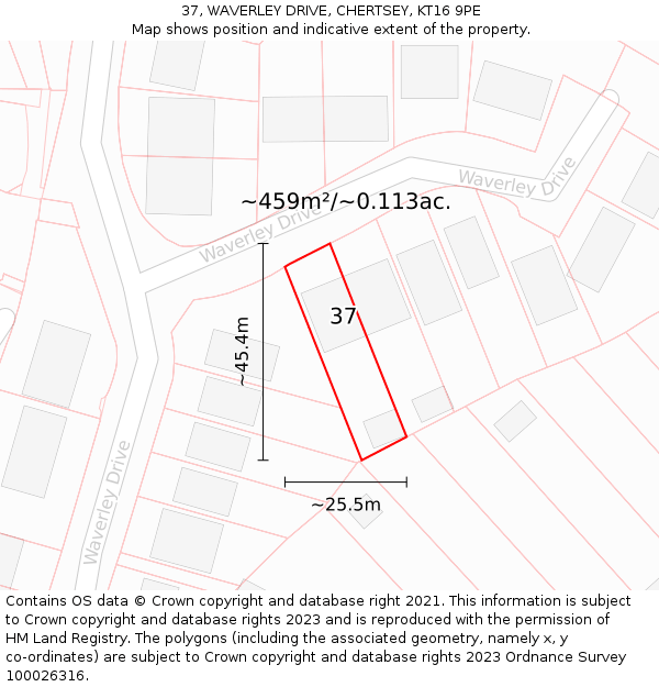 37, WAVERLEY DRIVE, CHERTSEY, KT16 9PE: Plot and title map