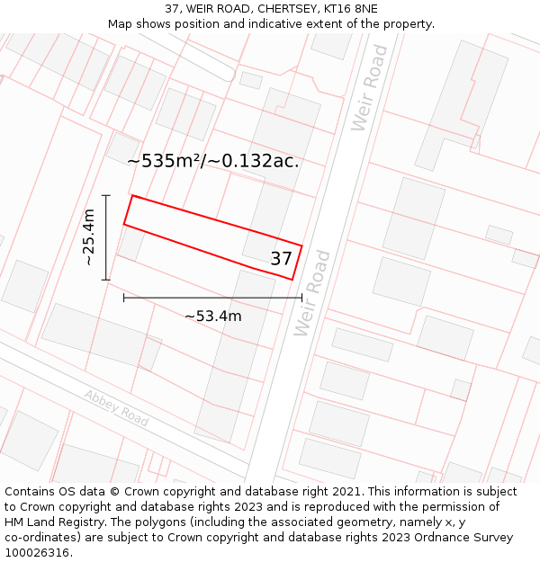 37, WEIR ROAD, CHERTSEY, KT16 8NE: Plot and title map