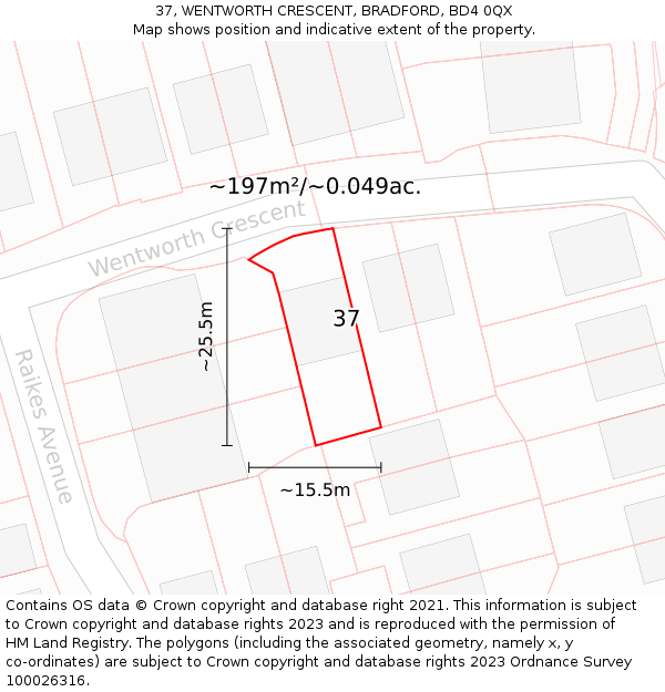 37, WENTWORTH CRESCENT, BRADFORD, BD4 0QX: Plot and title map