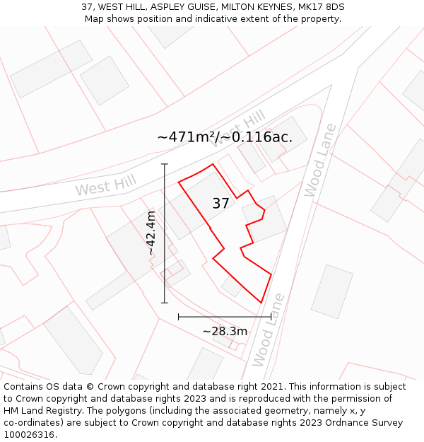 37, WEST HILL, ASPLEY GUISE, MILTON KEYNES, MK17 8DS: Plot and title map
