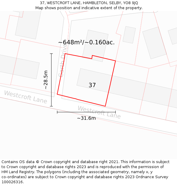 37, WESTCROFT LANE, HAMBLETON, SELBY, YO8 9JQ: Plot and title map