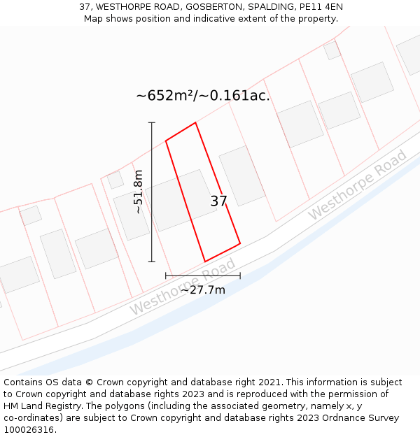 37, WESTHORPE ROAD, GOSBERTON, SPALDING, PE11 4EN: Plot and title map