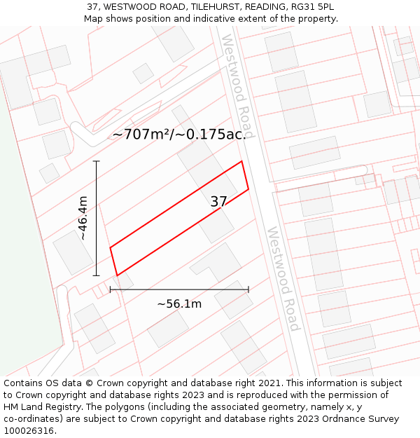 37, WESTWOOD ROAD, TILEHURST, READING, RG31 5PL: Plot and title map