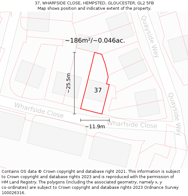 37, WHARFSIDE CLOSE, HEMPSTED, GLOUCESTER, GL2 5FB: Plot and title map