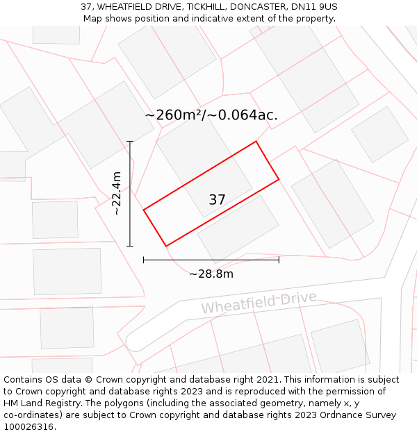37, WHEATFIELD DRIVE, TICKHILL, DONCASTER, DN11 9US: Plot and title map