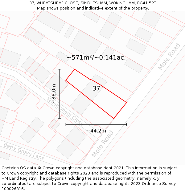 37, WHEATSHEAF CLOSE, SINDLESHAM, WOKINGHAM, RG41 5PT: Plot and title map