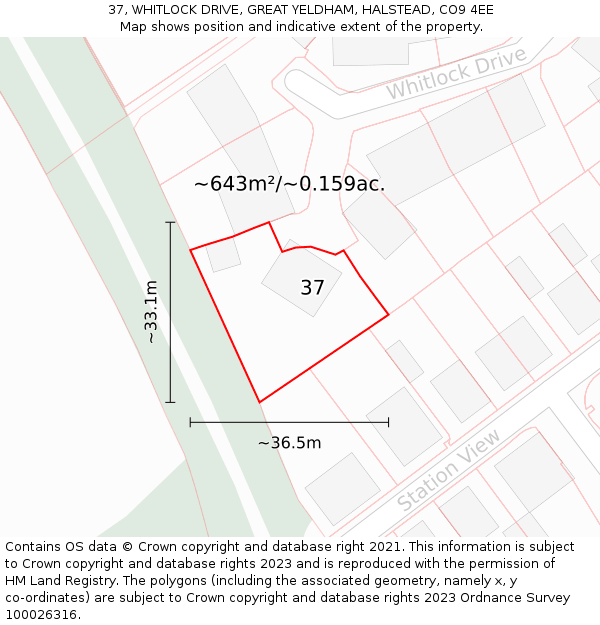 37, WHITLOCK DRIVE, GREAT YELDHAM, HALSTEAD, CO9 4EE: Plot and title map
