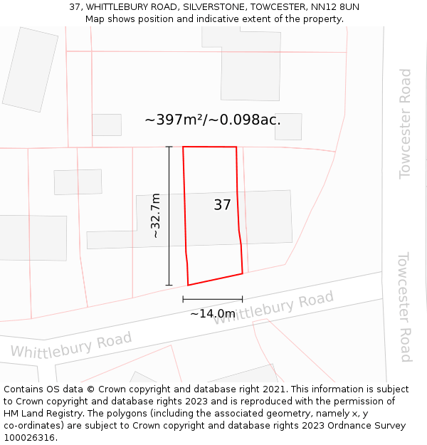 37, WHITTLEBURY ROAD, SILVERSTONE, TOWCESTER, NN12 8UN: Plot and title map