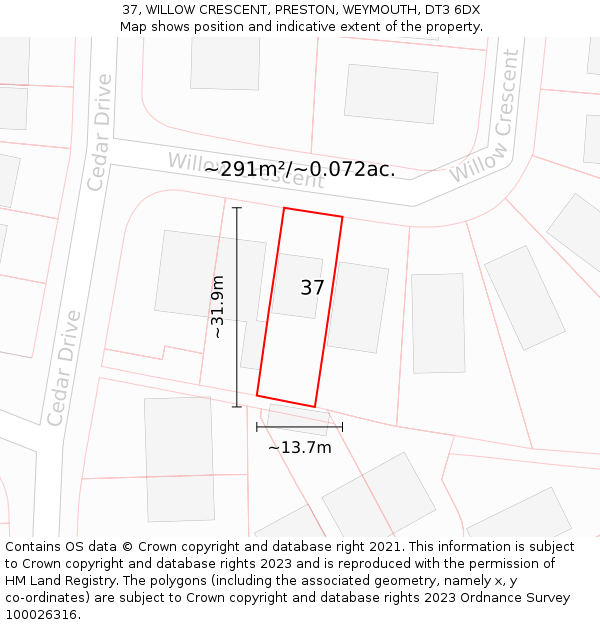 37, WILLOW CRESCENT, PRESTON, WEYMOUTH, DT3 6DX: Plot and title map