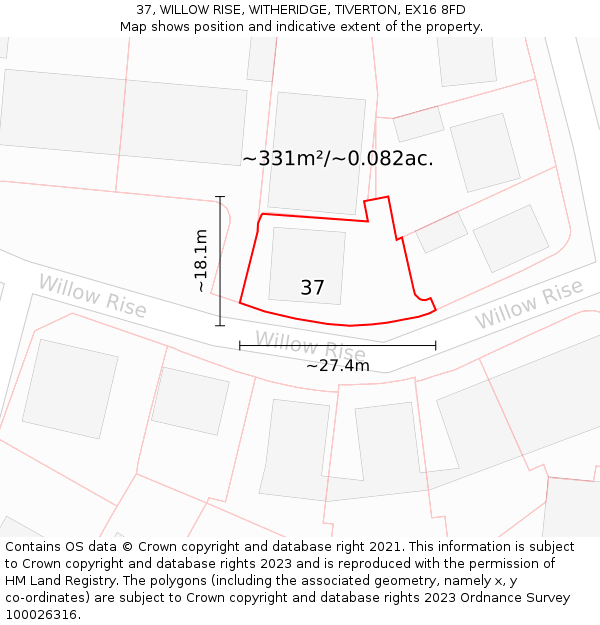 37, WILLOW RISE, WITHERIDGE, TIVERTON, EX16 8FD: Plot and title map