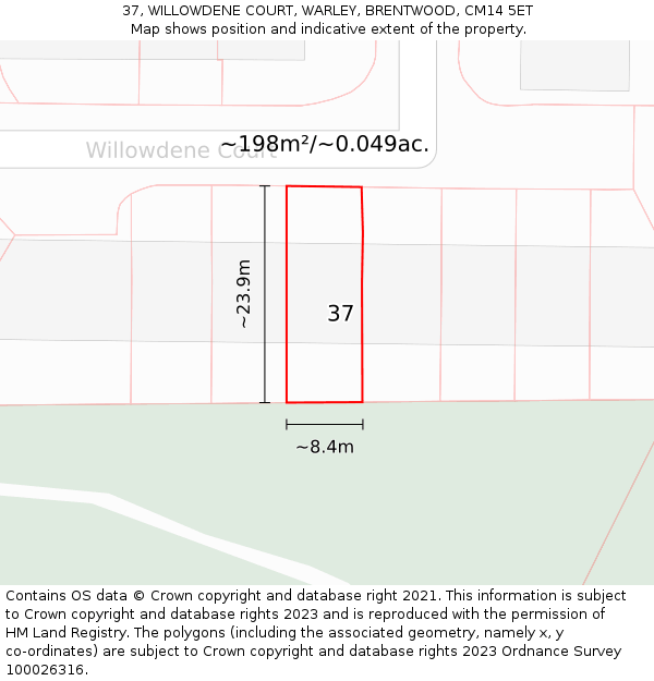 37, WILLOWDENE COURT, WARLEY, BRENTWOOD, CM14 5ET: Plot and title map