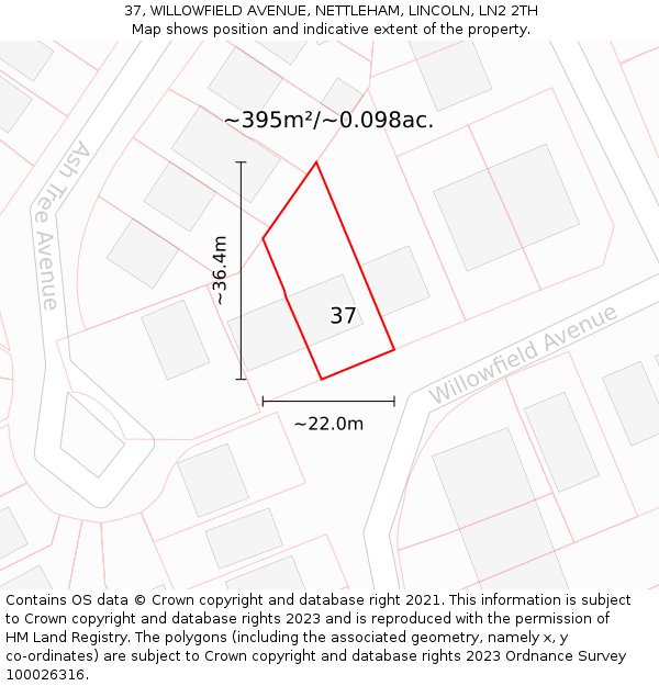 37, WILLOWFIELD AVENUE, NETTLEHAM, LINCOLN, LN2 2TH: Plot and title map