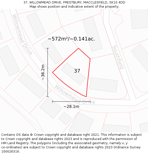 37, WILLOWMEAD DRIVE, PRESTBURY, MACCLESFIELD, SK10 4DD: Plot and title map