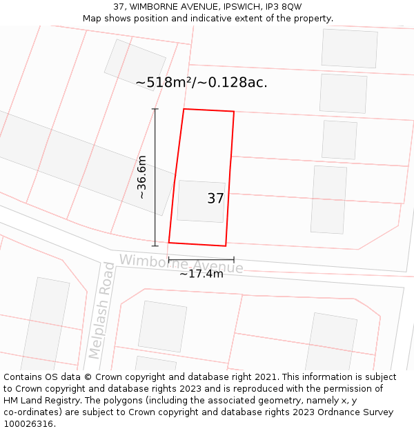 37, WIMBORNE AVENUE, IPSWICH, IP3 8QW: Plot and title map