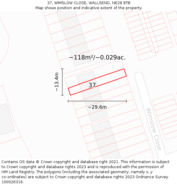 37, WIMSLOW CLOSE, WALLSEND, NE28 8TB: Plot and title map