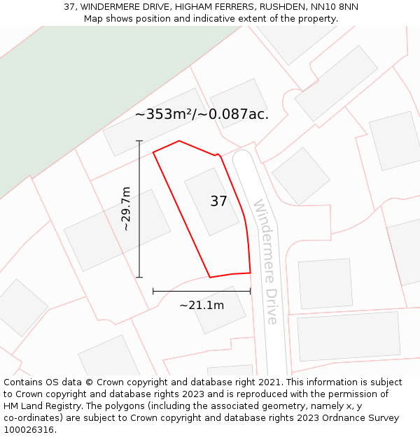 37, WINDERMERE DRIVE, HIGHAM FERRERS, RUSHDEN, NN10 8NN: Plot and title map