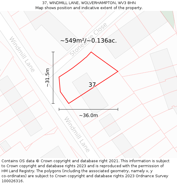 37, WINDMILL LANE, WOLVERHAMPTON, WV3 8HN: Plot and title map
