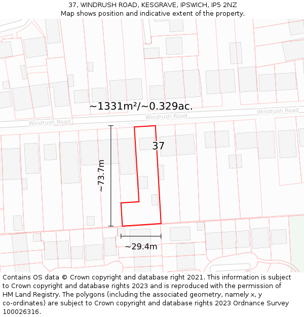 37, WINDRUSH ROAD, KESGRAVE, IPSWICH, IP5 2NZ: Plot and title map