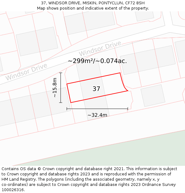 37, WINDSOR DRIVE, MISKIN, PONTYCLUN, CF72 8SH: Plot and title map