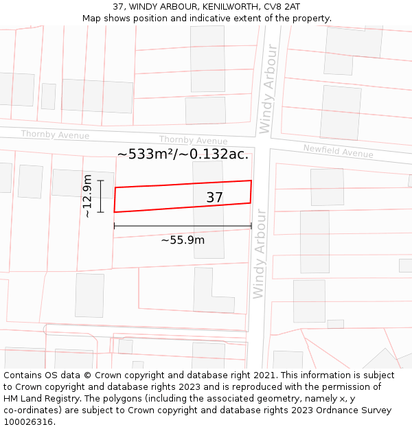 37, WINDY ARBOUR, KENILWORTH, CV8 2AT: Plot and title map