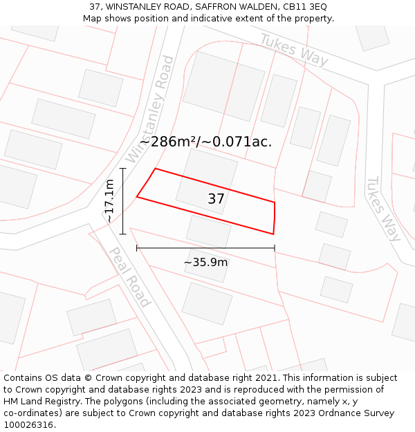 37, WINSTANLEY ROAD, SAFFRON WALDEN, CB11 3EQ: Plot and title map