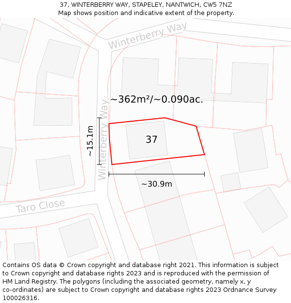 37, WINTERBERRY WAY, STAPELEY, NANTWICH, CW5 7NZ: Plot and title map