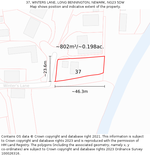 37, WINTERS LANE, LONG BENNINGTON, NEWARK, NG23 5DW: Plot and title map