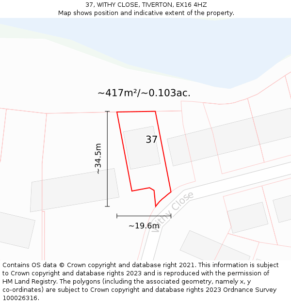 37, WITHY CLOSE, TIVERTON, EX16 4HZ: Plot and title map