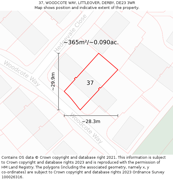 37, WOODCOTE WAY, LITTLEOVER, DERBY, DE23 3WR: Plot and title map