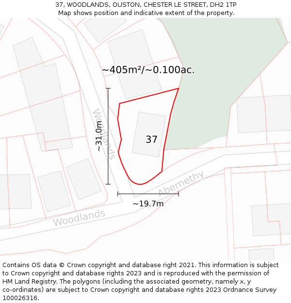 37, WOODLANDS, OUSTON, CHESTER LE STREET, DH2 1TP: Plot and title map