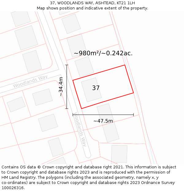 37, WOODLANDS WAY, ASHTEAD, KT21 1LH: Plot and title map