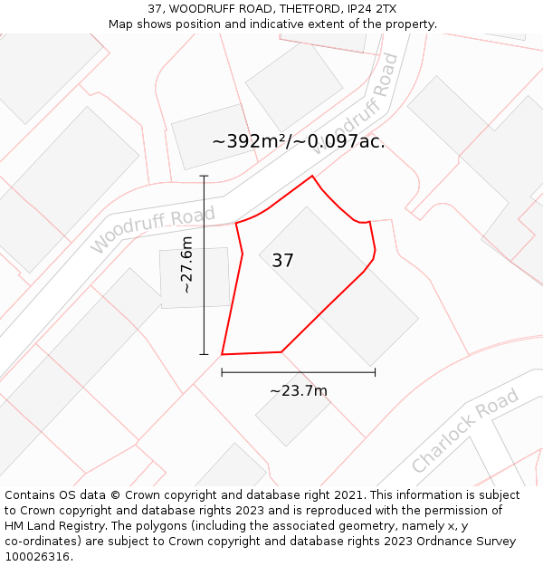37, WOODRUFF ROAD, THETFORD, IP24 2TX: Plot and title map