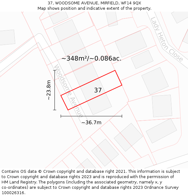 37, WOODSOME AVENUE, MIRFIELD, WF14 9QX: Plot and title map