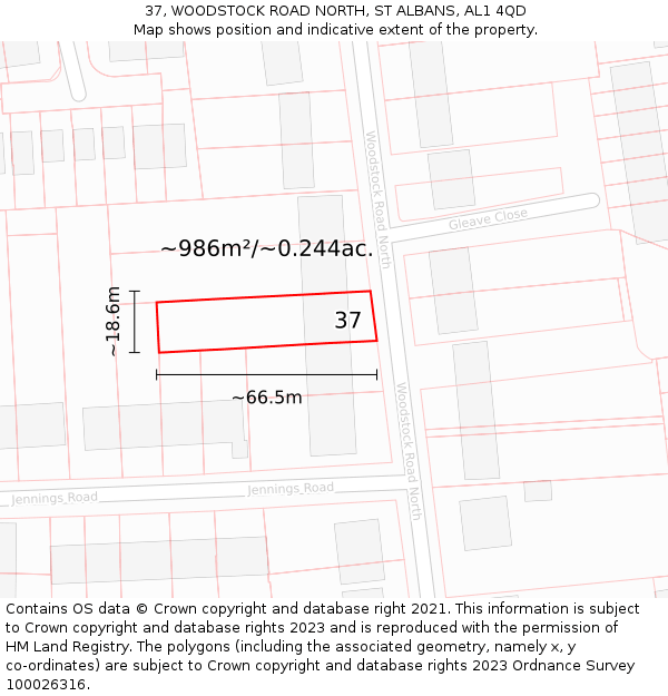 37, WOODSTOCK ROAD NORTH, ST ALBANS, AL1 4QD: Plot and title map