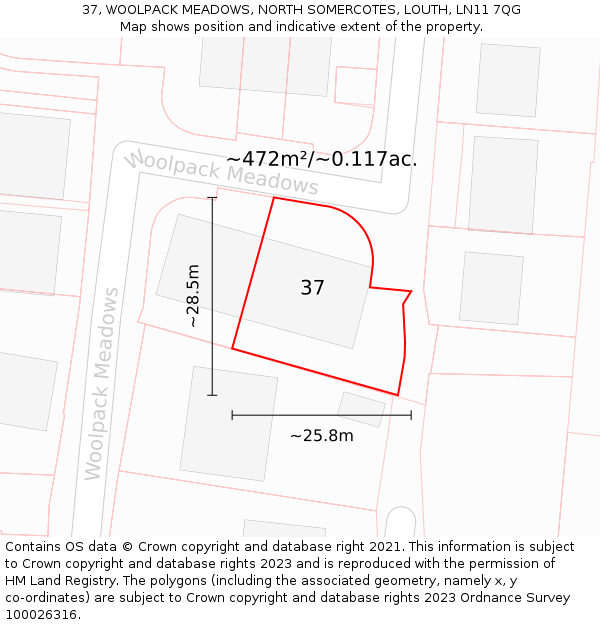 37, WOOLPACK MEADOWS, NORTH SOMERCOTES, LOUTH, LN11 7QG: Plot and title map