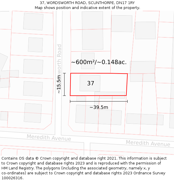 37, WORDSWORTH ROAD, SCUNTHORPE, DN17 1RY: Plot and title map