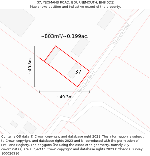 37, YEOMANS ROAD, BOURNEMOUTH, BH8 0DZ: Plot and title map