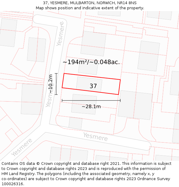 37, YESMERE, MULBARTON, NORWICH, NR14 8NS: Plot and title map