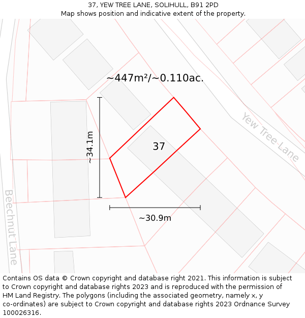 37, YEW TREE LANE, SOLIHULL, B91 2PD: Plot and title map