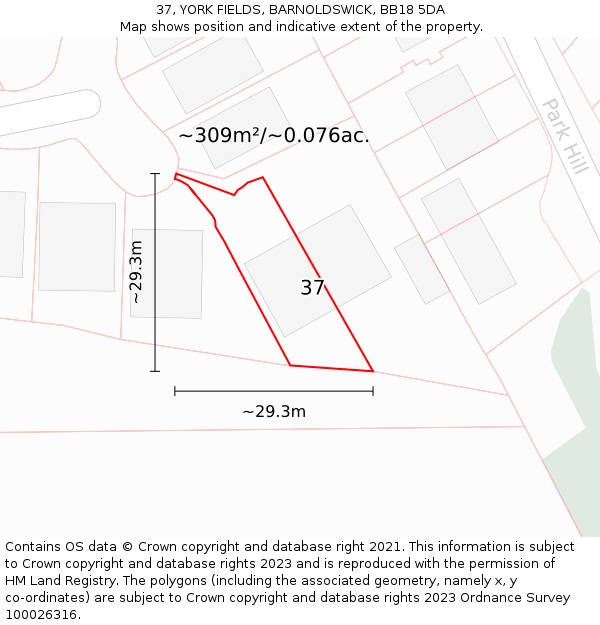 37, YORK FIELDS, BARNOLDSWICK, BB18 5DA: Plot and title map