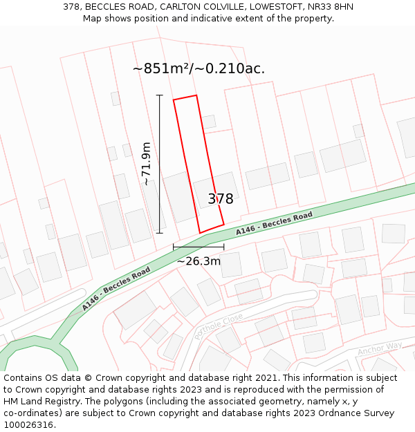378, BECCLES ROAD, CARLTON COLVILLE, LOWESTOFT, NR33 8HN: Plot and title map