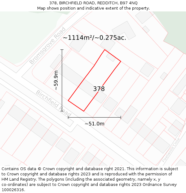 378, BIRCHFIELD ROAD, REDDITCH, B97 4NQ: Plot and title map
