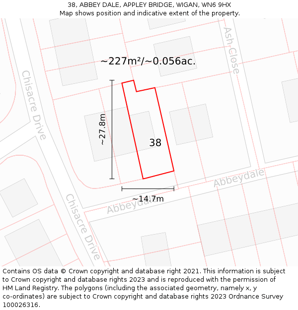38, ABBEY DALE, APPLEY BRIDGE, WIGAN, WN6 9HX: Plot and title map